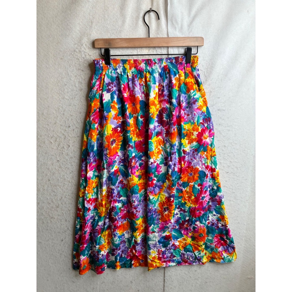 Vintage Sag Harbor Floral Midi Skirt Multi Color Elastic Waist Pockets 7853 S